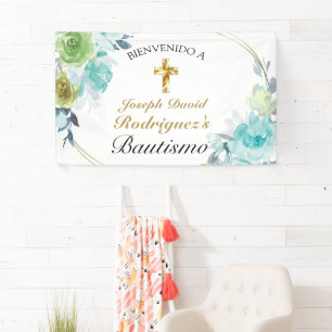 Hermoso Azul Floral Oro Cruz Bautismo Bienvenido Banner