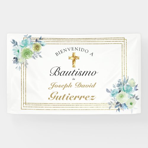 HERMOSO BAUTIZO BEB CRUZADO DE ORO FLORAL AZUL  BANNER