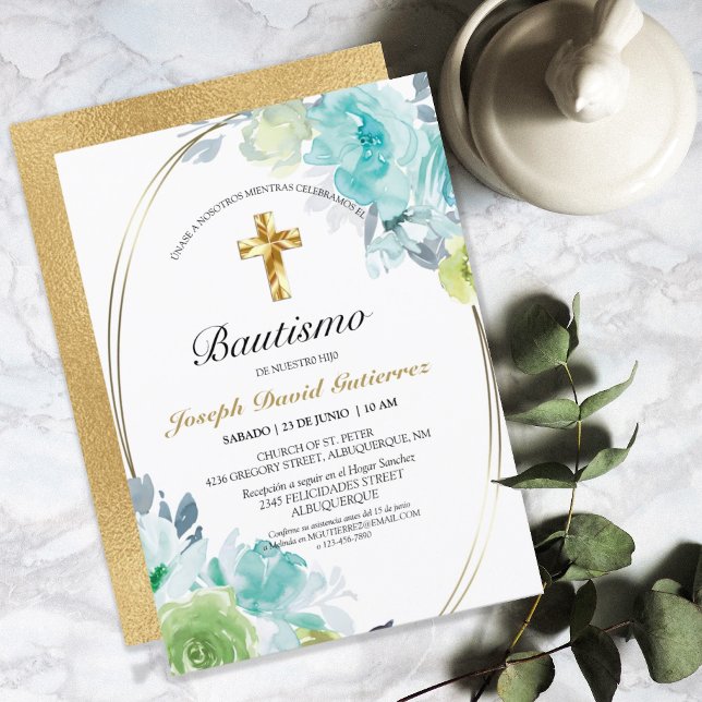 HERMOSO BAUTIZO BEBÉ CRUZADO DE ORO FLORAL AZUL INVITATION (Creator Uploaded)