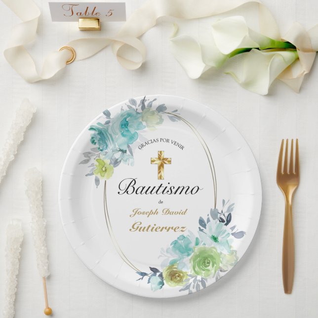 HERMOSO BAUTIZO BEBÉ CRUZADO DE ORO FLORAL AZUL PAPER PLATES (Wedding)