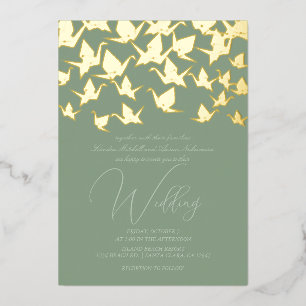 Hermoso Boda de la grúa de papel de origen sage Foil Invitation
