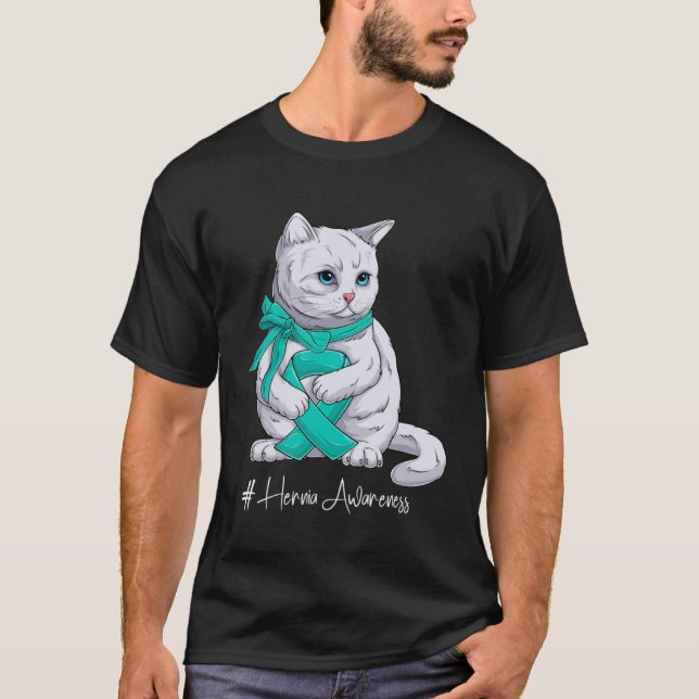 Hernia Awareness Month Teal Ribbon Cat T-Shirt (Front)