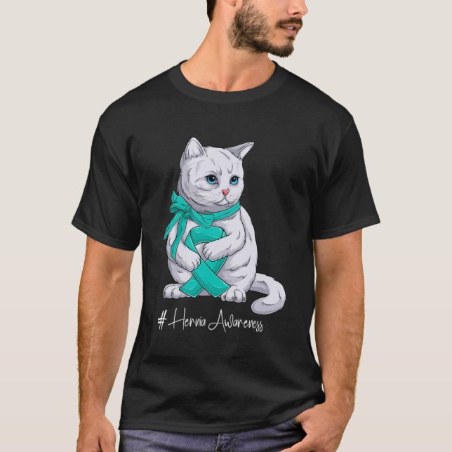 Hernia Awareness Month Teal Ribbon Cat T-Shirt (Front)