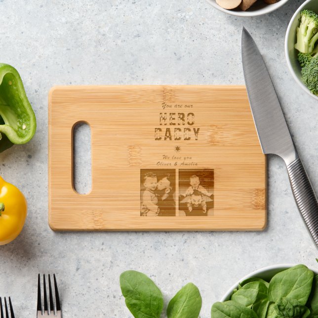 Hero Daddy Father`s Day 2 Photo Collage Engraved Cutting Board (Kitchen Counter)