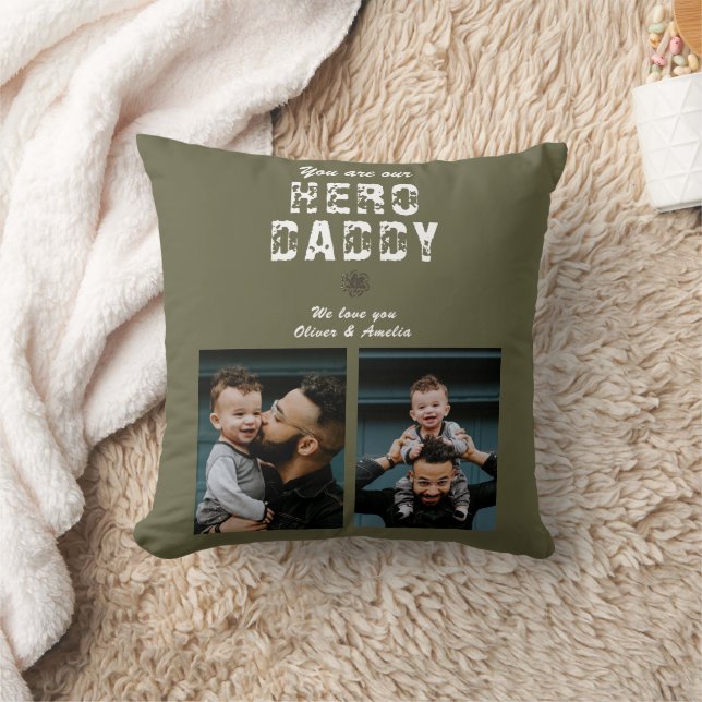 Hero Daddy Father`s Day 2 Photo Collage Throw Pillow (Blanket)