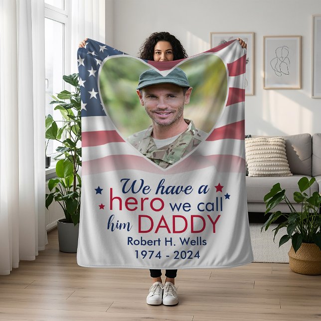 Hero Daddy Veteran Personalized America Flag Fleece Blanket (Creator Uploaded)
