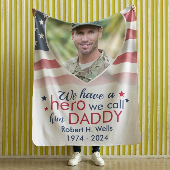 Hero Daddy Veteran Personalized America Flag Fleece Blanket (Creator Uploaded)