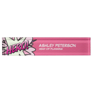 HERO Fun Retro Comic Book Pink Desk Name Plate