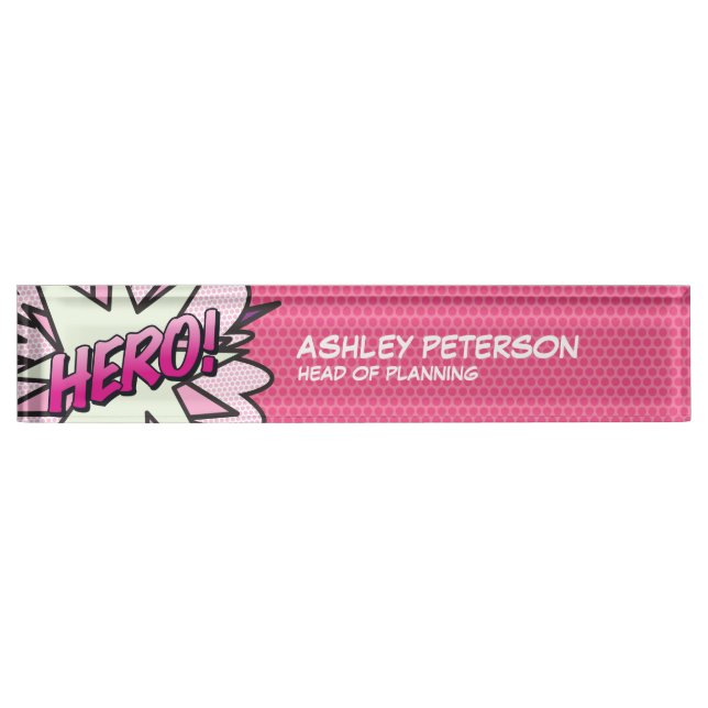 HERO Fun Retro Comic Book Pink Desk Name Plate (Front)