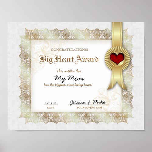 Hero Heart Love Award Certificate Best Mom Poster