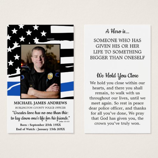 Hero Police Officer Memorial Funeral Prayer Card (Front & Back)