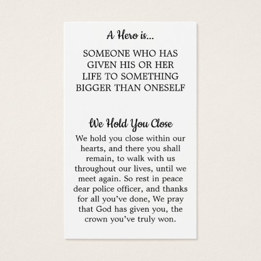 Hero Police Officer Memorial Funeral Prayer Card (Back)