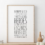 Heroes get remembered but Legends never die Poster<br><div class="desc">Remember kid,  there's heroes and there's legends: Heroes get remembered,  but legends never die. Follow your heart kid,  and you'll never go wrong. Kids room decor,  Sports quote,  Baseball quote. Inspirational quote,  Motivational.</div>