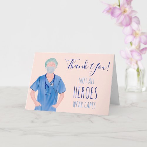 Heroes nurse illustration blue pink thank you card