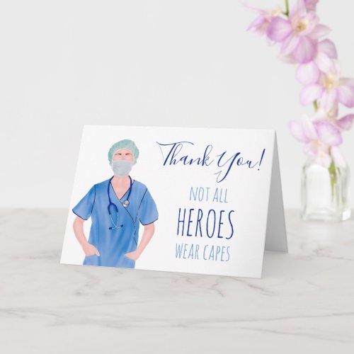 Heroes nurse illustration blue white thank you card