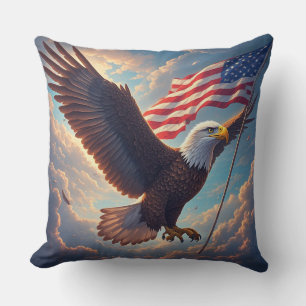 Heroic Eagle Floating American Flag Patriotic Throw Pillow