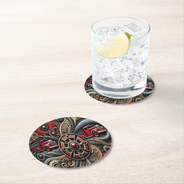 Heroic Fire Truck on Leather Round Paper Coaster (Insitu)