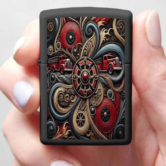Heroic Fire Truck on Leather Zippo Lighter (In Hand)