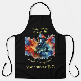 Heroic firefighter amidst bright flames apron