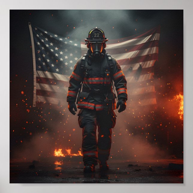 Heroic Firefighter with American Flag Patriotic  Poster (Front)