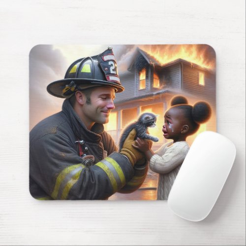 Heroic Firefighter With Kitten Mouse Pad