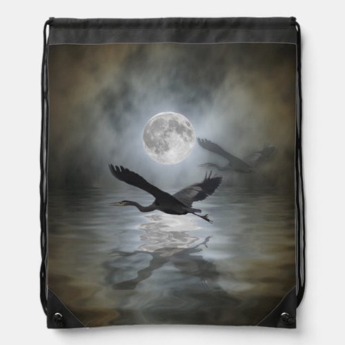 Heron and Full Moon Fantasy Design Drawstring Bag