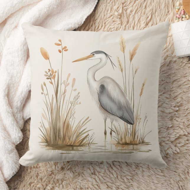 Heron and Rushes Beige Throw Pillow (Blanket)