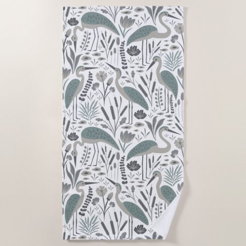 Heron and Swamp Plants Grey Monochrome Beach Towel