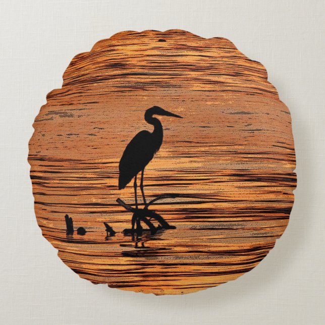 Heron at Sunset Round Pillow (Front)
