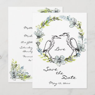 Heron Bird Couple and Flower Wreath Save the Date Invitation