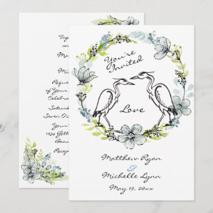 Heron Bird Couple and Flower Wreath Wedding Invite