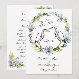 Heron Bird Couple and Flower Wreath Wedding Invite