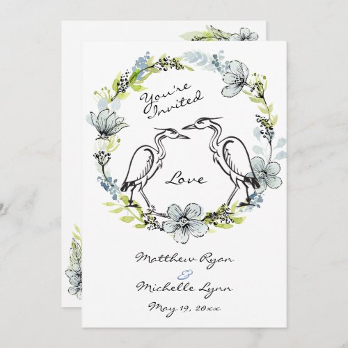 Heron Bird Couple and Flower Wreath Wedding Invite