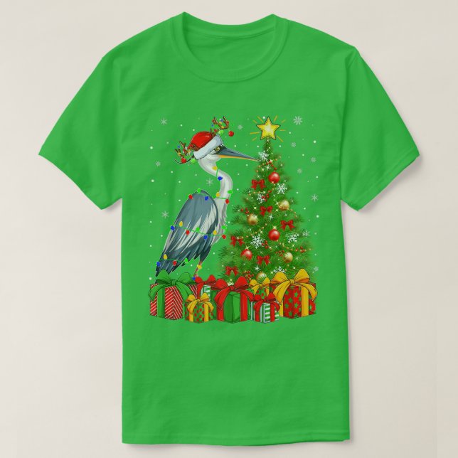 Heron Bird Lighting Xmas Tree Santa Hat Heron Chri T-Shirt (Design Front)