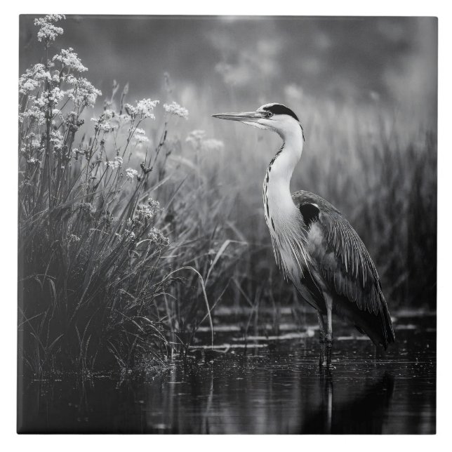 Heron in the Marsh Black and White Ceramic Tile (Front)