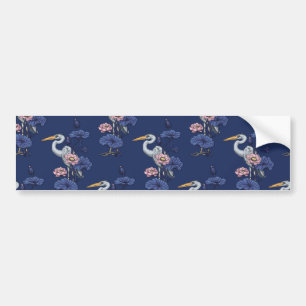 Heron in the Pink Lotus Garden on delpht blue Bumper Sticker