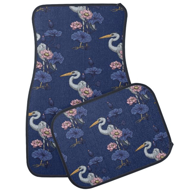 Heron in the Pink Lotus Garden on delpht blue Car Floor Mat (Set)