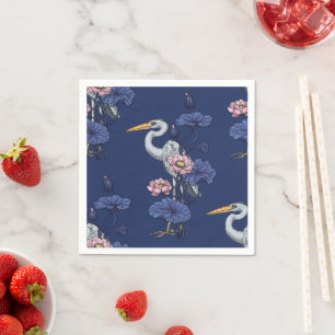 Heron in the Pink Lotus Garden on delpht blue Napkins
