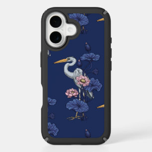 Heron in the Pink Lotus Garden on delpht blue iPhone 16 Case