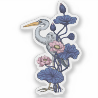 Heron in the Pink Lotus Garden on delpht blue Sticker
