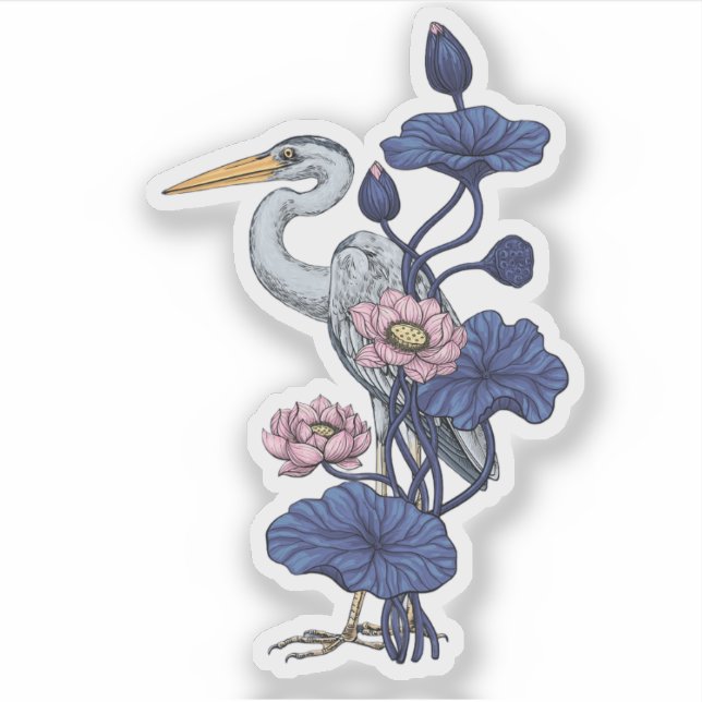 Heron in the Pink Lotus Garden on delpht blue Sticker (Front)