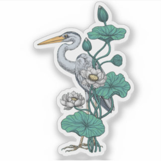 Heron in the White Lotus Garden on jade Sticker