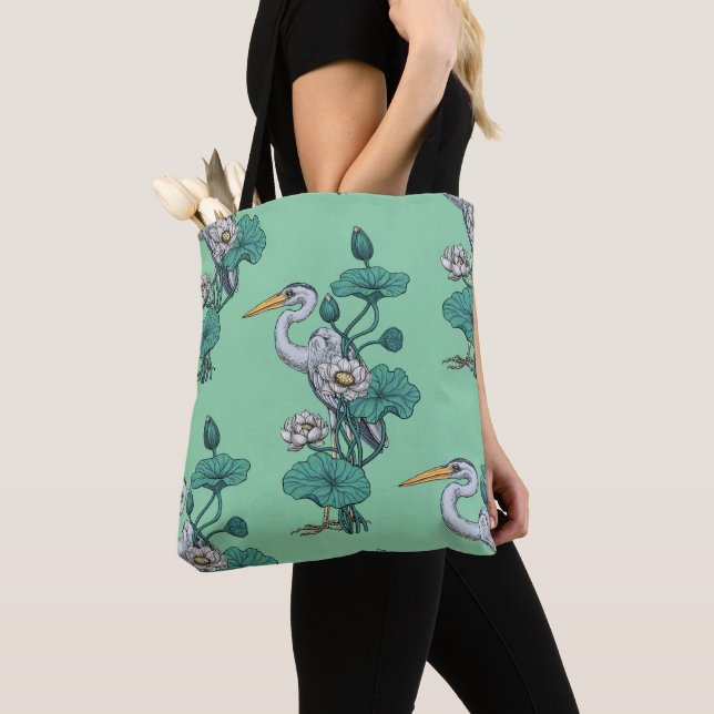 Heron in the White Lotus Garden on jade Tote Bag (Close Up)