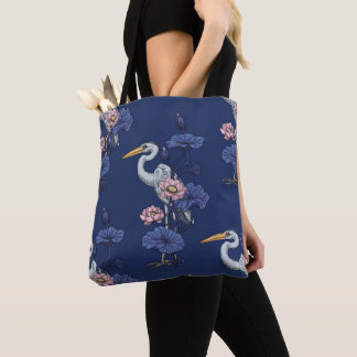 Heron in the White Lotus Garden on jade Tote Bag