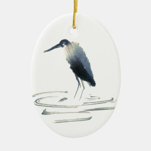 Heron Meditation Sumi_e Great Blue Heron Ceramic Ornament