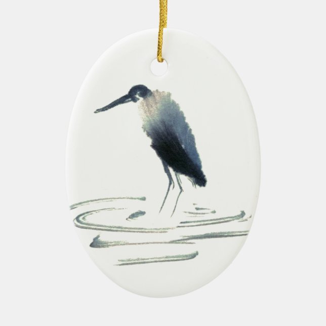 Heron Meditation, Sumi-e Great Blue Heron Ceramic Ornament (Front)