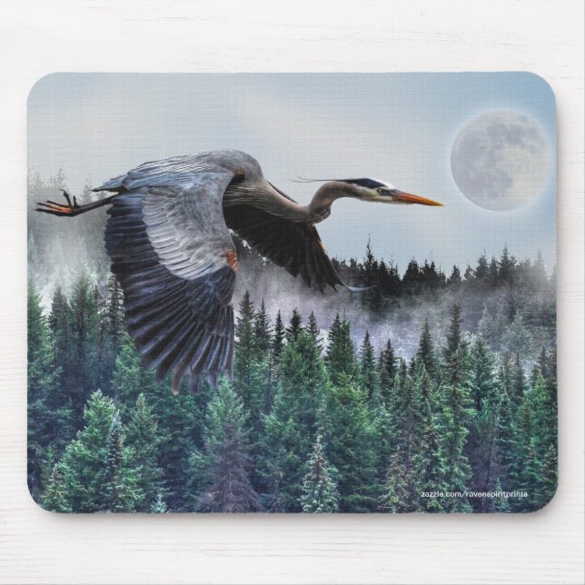 Heron, Misty Forest & Full Moon Mouse Pad (Front)