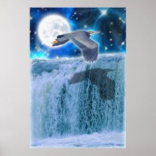 Heron, Moon & Waterfall Fantasy Art Poster