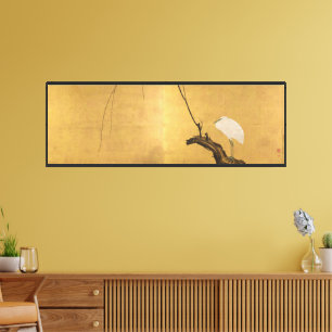 Heron on a Willow Branch Japanese Art Canvas Print