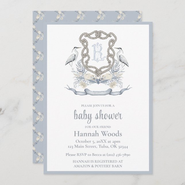 Heron Rope Monogram Baby Shower Invitation (Front/Back)